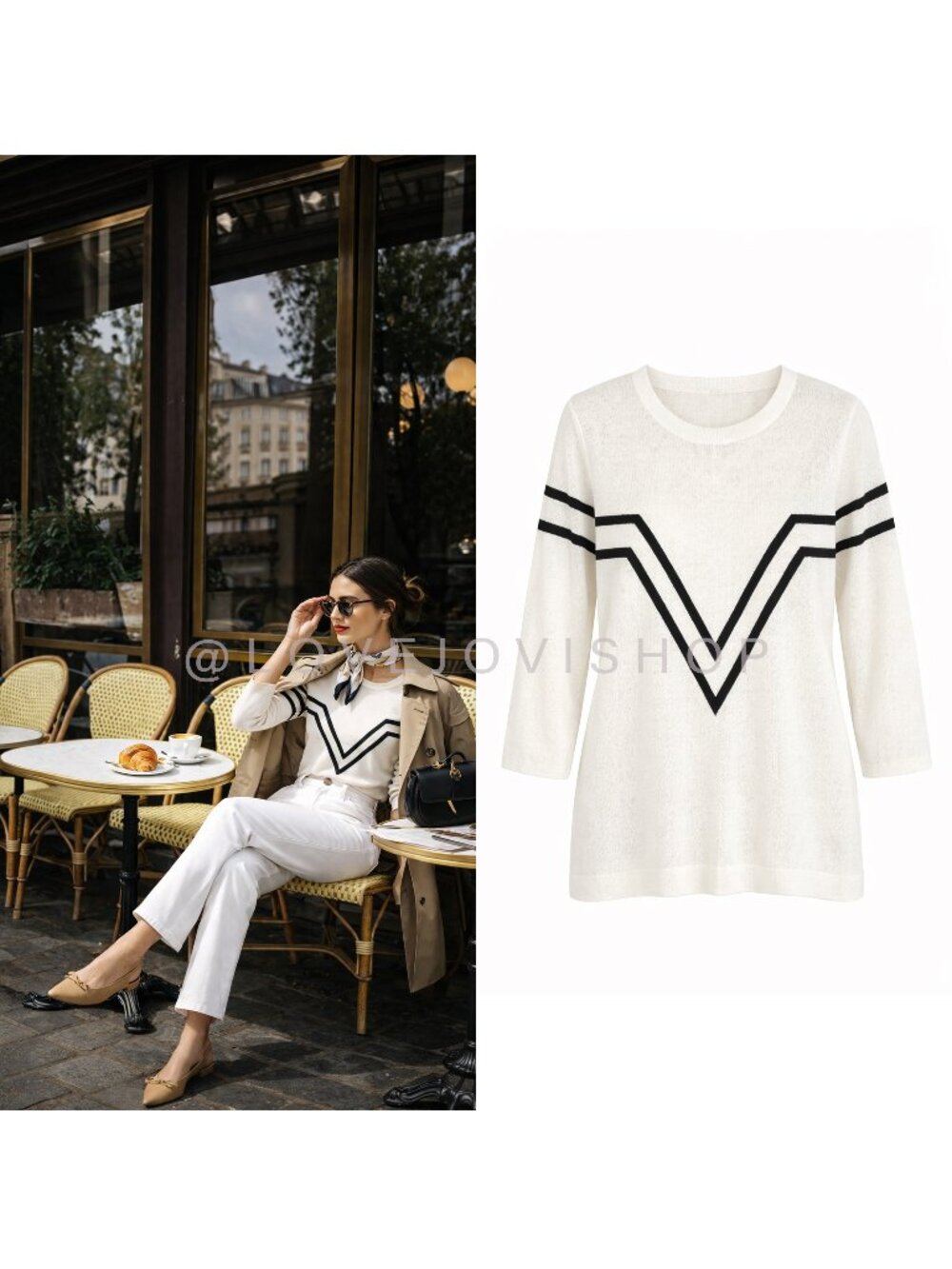 Sweater | Fine Knit Chevron Stripe Crewneck Cream Black Silky Soft | Lightweight